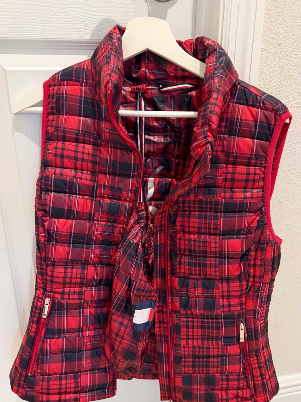Tommy Hilfiger Red Plaid Quilted Puffer Vest - Women